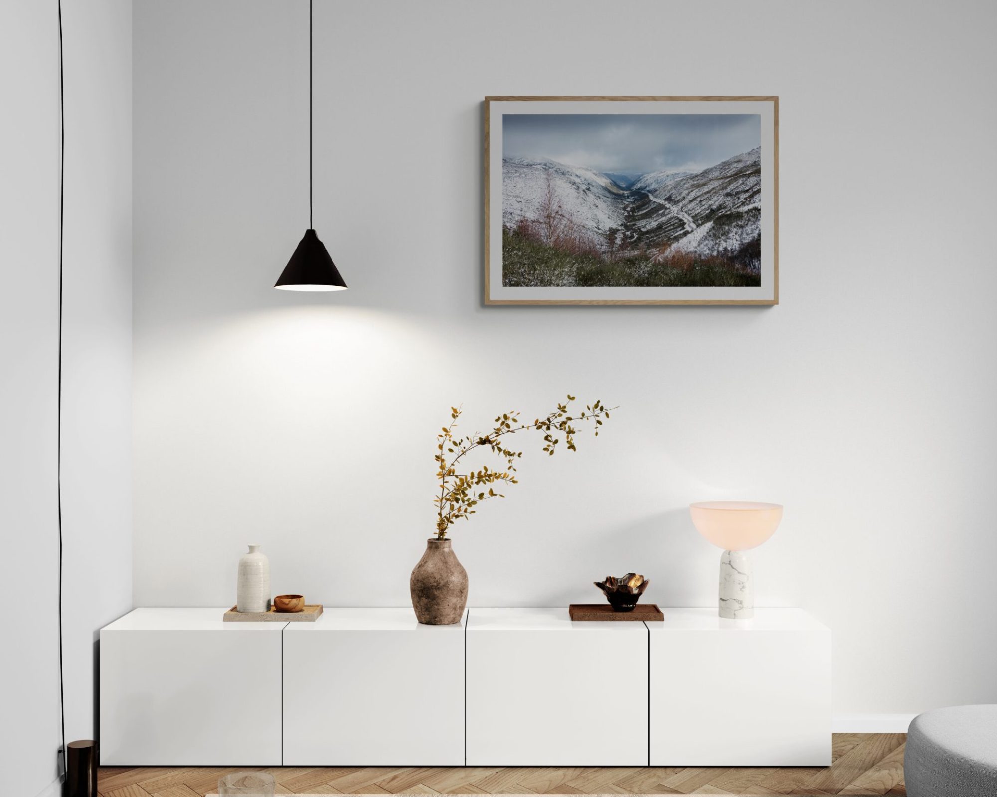 living-room-with-long-cabinet-and-hanging-light